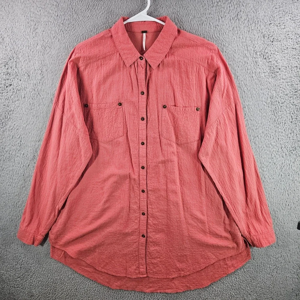 Free People‎ Womens Oversized Button Down Shirt Coral Textured Cotton Small
